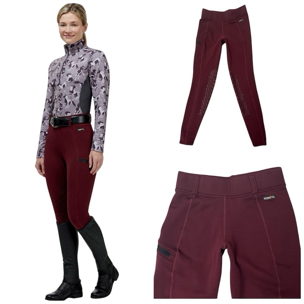 Kerrits Wine Power Stretch Fleece Knee Patch Pocket Riding Tights (M) MSRP $139
